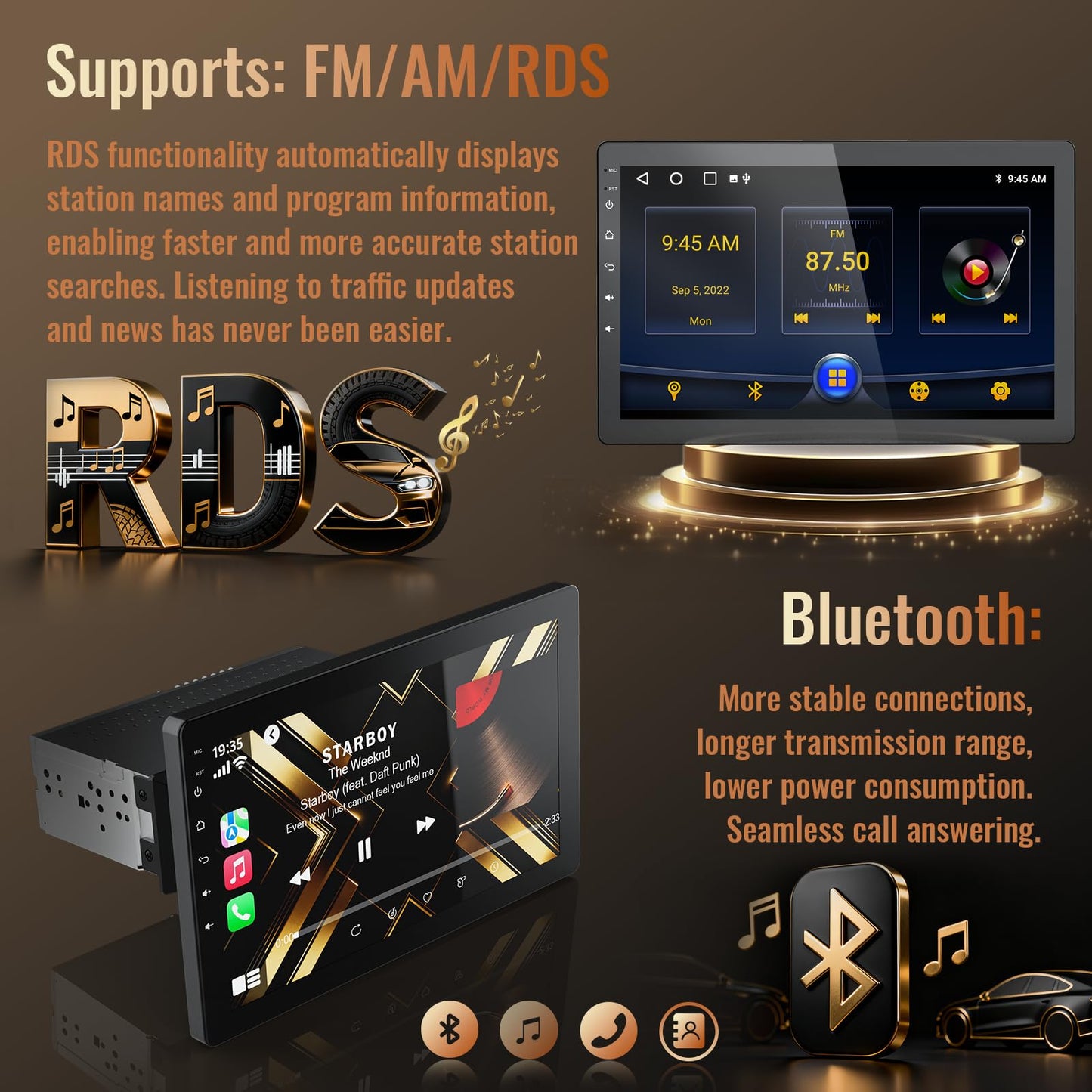 Haudio 10.1 Inch Single Din Car Stereo, Rotatable Touch Screen, Wireless CarPlay & Android Auto, Android 13 Car Radio with Bluetooth GPS Backup Camera