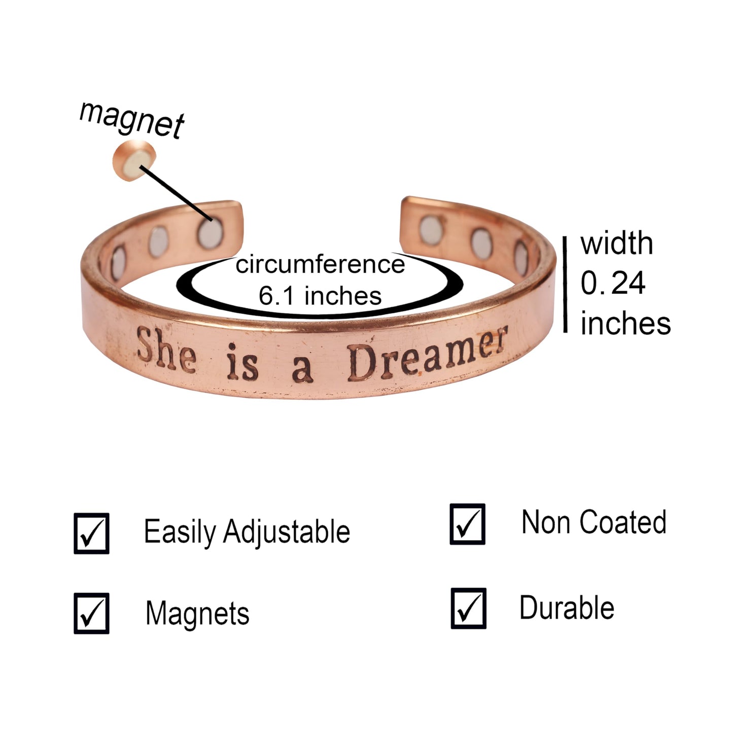 Touchstone Inspirational Copper Engraved Magnetic Bracelets for Women-Personalized Jewelry Gifts for Best Friend/Mom/Daughter/Sister - Adjustable Bracelet in a Gift Box She is a Dreamer