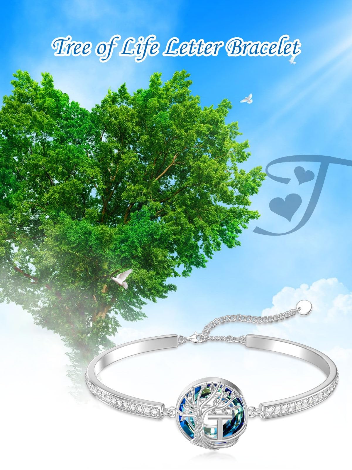 TOUPOP Tree of Life Bracelet Sterling Silver Initial T Letter Bangle Bracelet Family Tree Blue Crystal Jewelry Mothers Day Birthday Gifts for Women Mom Wife