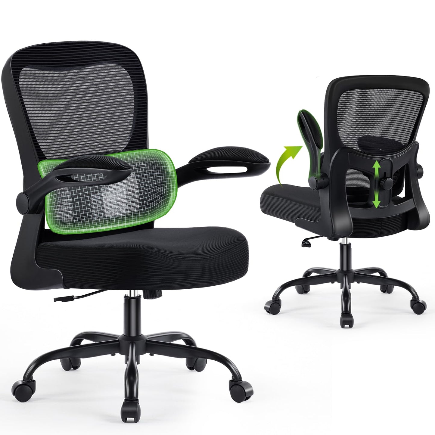 AreShark Ergonomic Office Chair, Comfy Desk Chair with Adjustable Lumbar Support, Mesh Computer Chair with Wheels, Flip-up Armrests, Swivel Rolling Executive Chair for Home Office, Gaming, Black