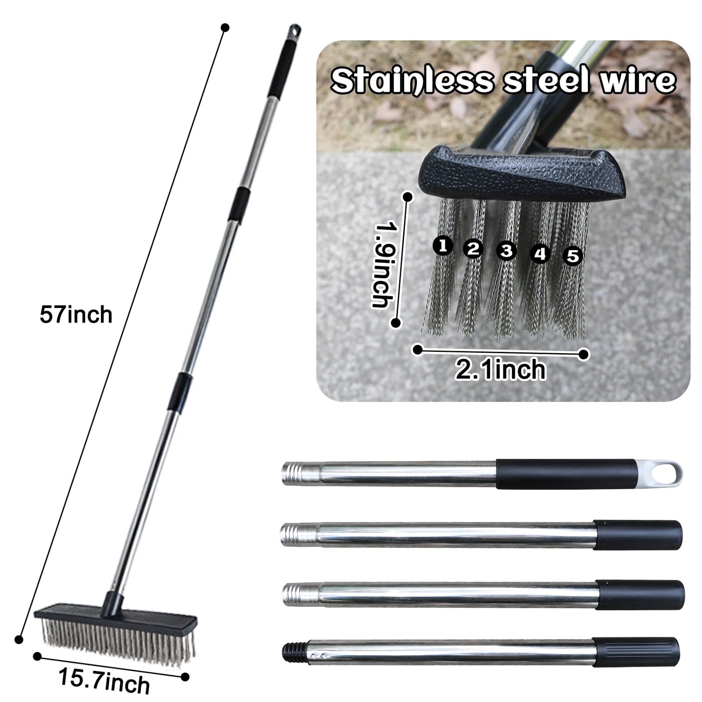 Heavy Duty Wire Push Broom Brush, 15.7" Stainless Steel Bristle Deck Brush with Long Handle for Removing Weeds, Outdoor Broom for Rough Surface Dirt