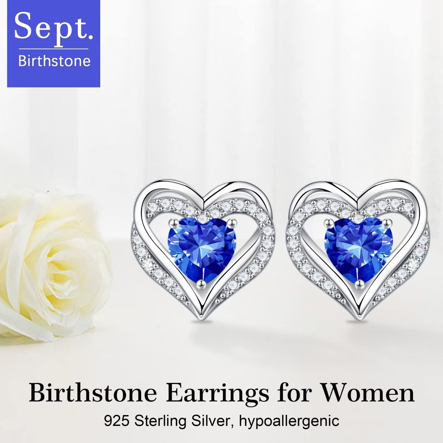 Iefil Earrings for Women, 925 Sterling Silver September Birthstone Blue Sapphire Heart Stud Earrings for Women