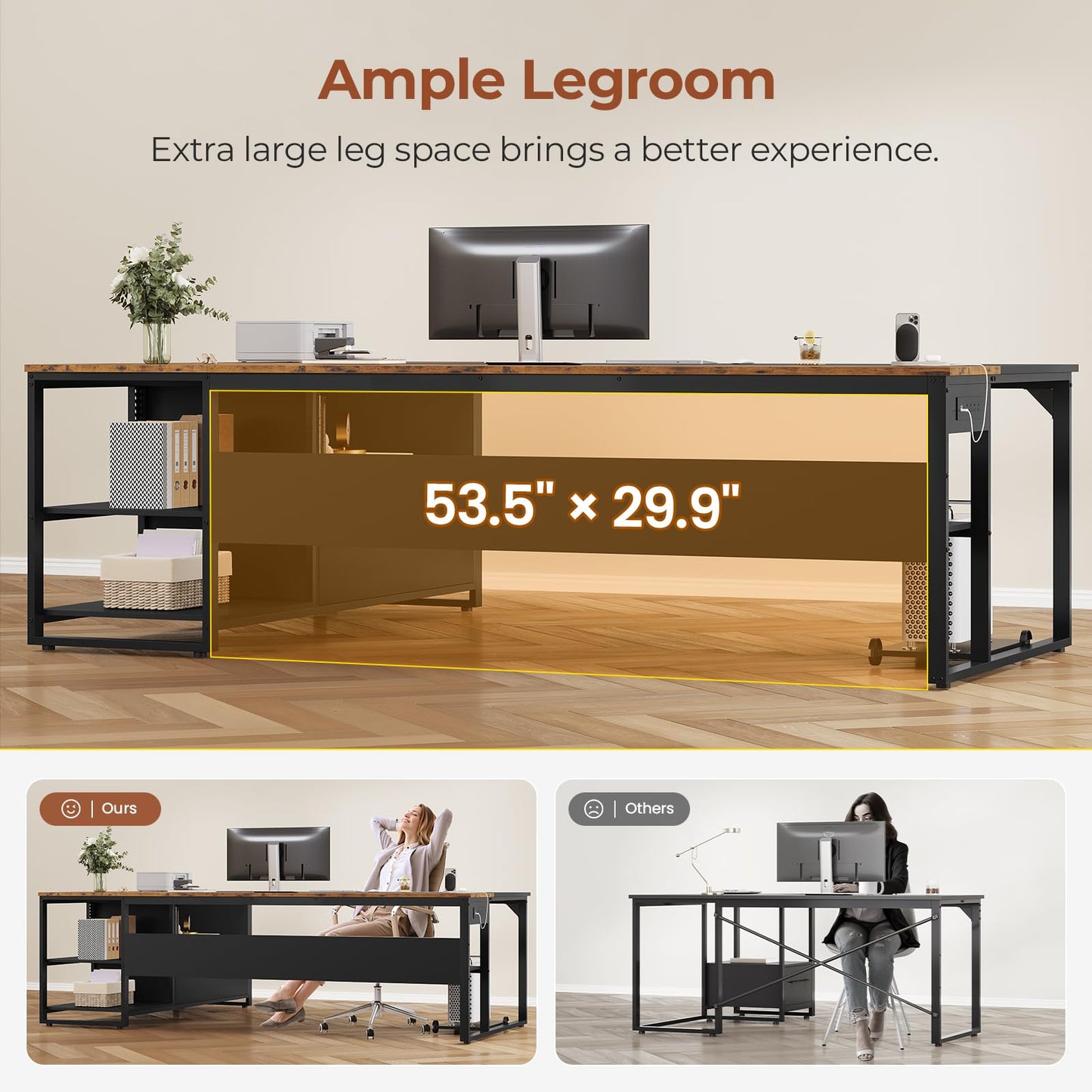 UPOSOJA 71" Executive Desk, Large Office Desk with Widen File Drawers & Power Outlets, Reversible L Shaped Computer Desk Corner Desk with Storage Shelves, CPU Stand, Hooks, Business Furniture