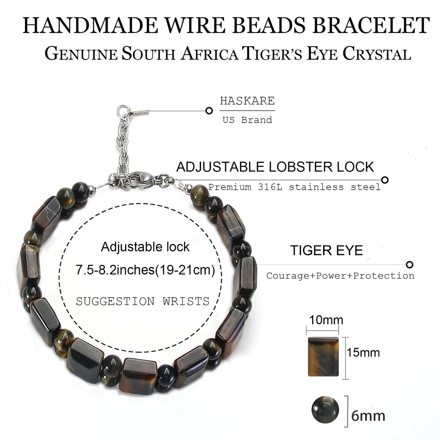 Unique Tiger Eye Bracelet for Men, HASKARE Energy Protection Crystals Golden Blue Tigers Eye Bracelets Handmade Steel Wired Natural Beads Bracelet Adjustable Durable Chain Stone Bracelet Gifts for Him