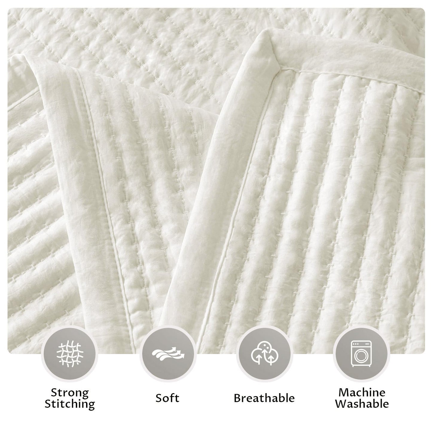 KASENTEX Oversized Queen Quilt Set 102"x106" – Soft Washed 3-Layer Lightweight Bedspread, Minimalist Nordic Design, All-Season Spring & Summer Quilt Set (1 Quilt + 2 Pillow Shams),Cream White