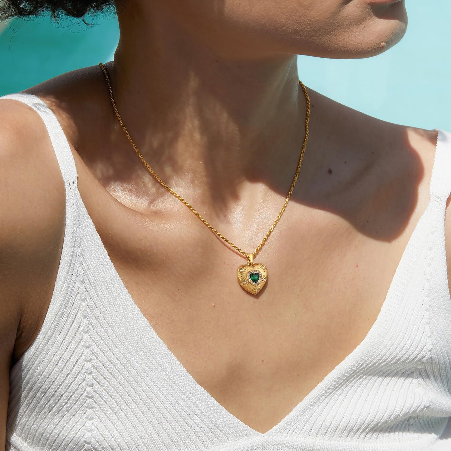 NUZON Emerald CZ Heart Pendant Necklace 18K Gold Plated Stainless Steel Love Heart Necklace Fashion Jewelry for Women Twisted Chain 16''