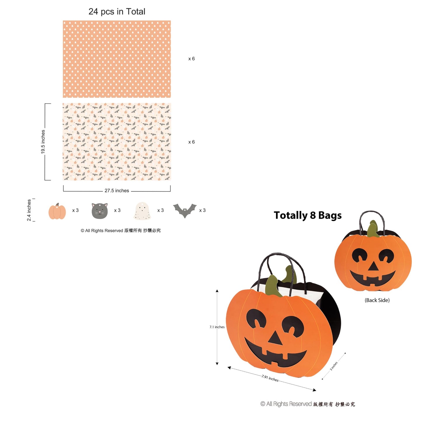 Cheerland Halloween Party Decorations Cute Spooky Pumpkin Treat Bags With Wrapping Paper for Horror Theme Birthday Baby Shower Summerween Party Supplies