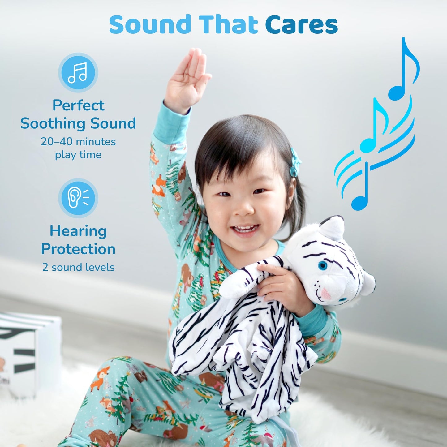 Love By Emi 4 in 1 Baby Lullaby Sleep Soother Toy - Stuffed Animal Sound Machine & Pacifier Holder | Heartbeat White Noise & Music | Plush White Tiger Lovey Sleep Aid Security Blanket (0-3 Years)