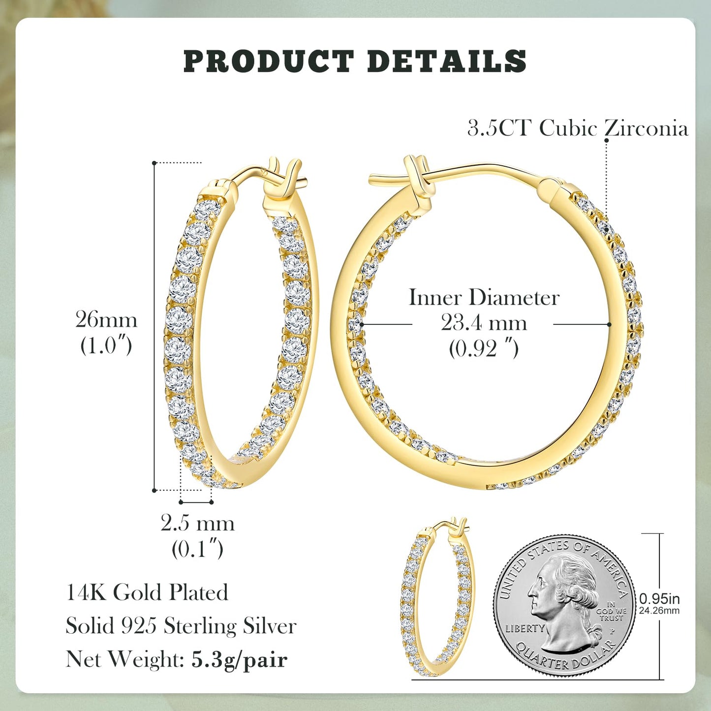 14K Gold Plated Cubic Zirconia Hoop Earrings 25mm Lab Created Diamond Hoops Chunky Hoop Earrings for Women Trendy Jewelry