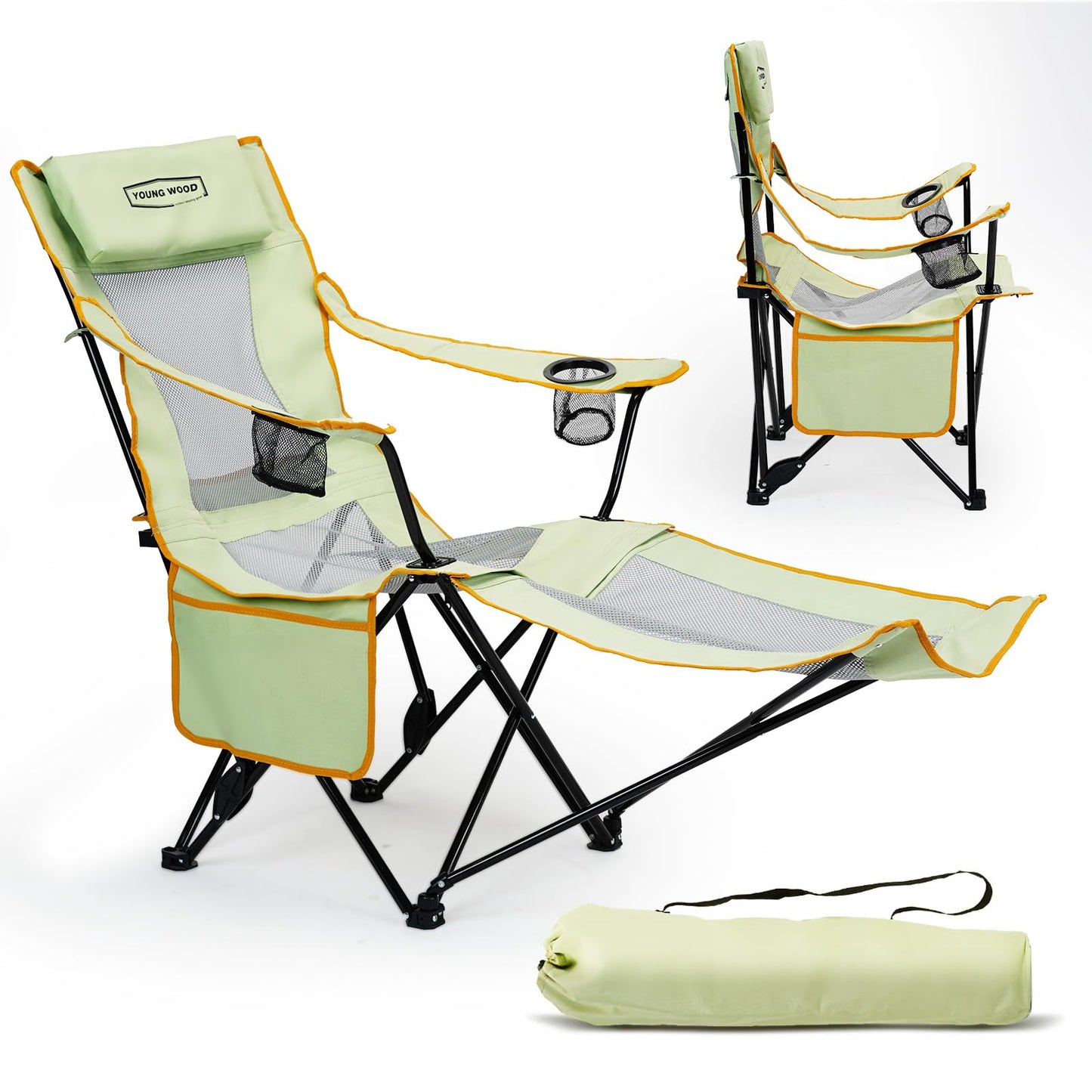 YOUNG WOOD Camping Lounge Chair, Portable Reclining Camping Chair with Foot Rest, Folding Camping Chair for Adults, Headrest & Storage Bag, Mesh Recliner with Backpack, 330lbs Weight Capacity，Green