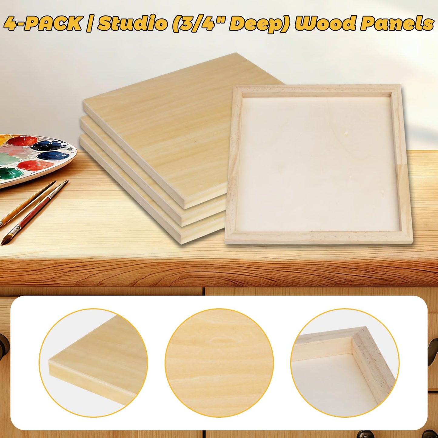 4 Pack 12x12 Basswood Wood Canvas Board – Studio 3/4'' Deep Cradled Wood Panels for Painting, Crafts, Oil & Resin Art - Sturdy Wood Painting Boards for Artists and DIY Crafters