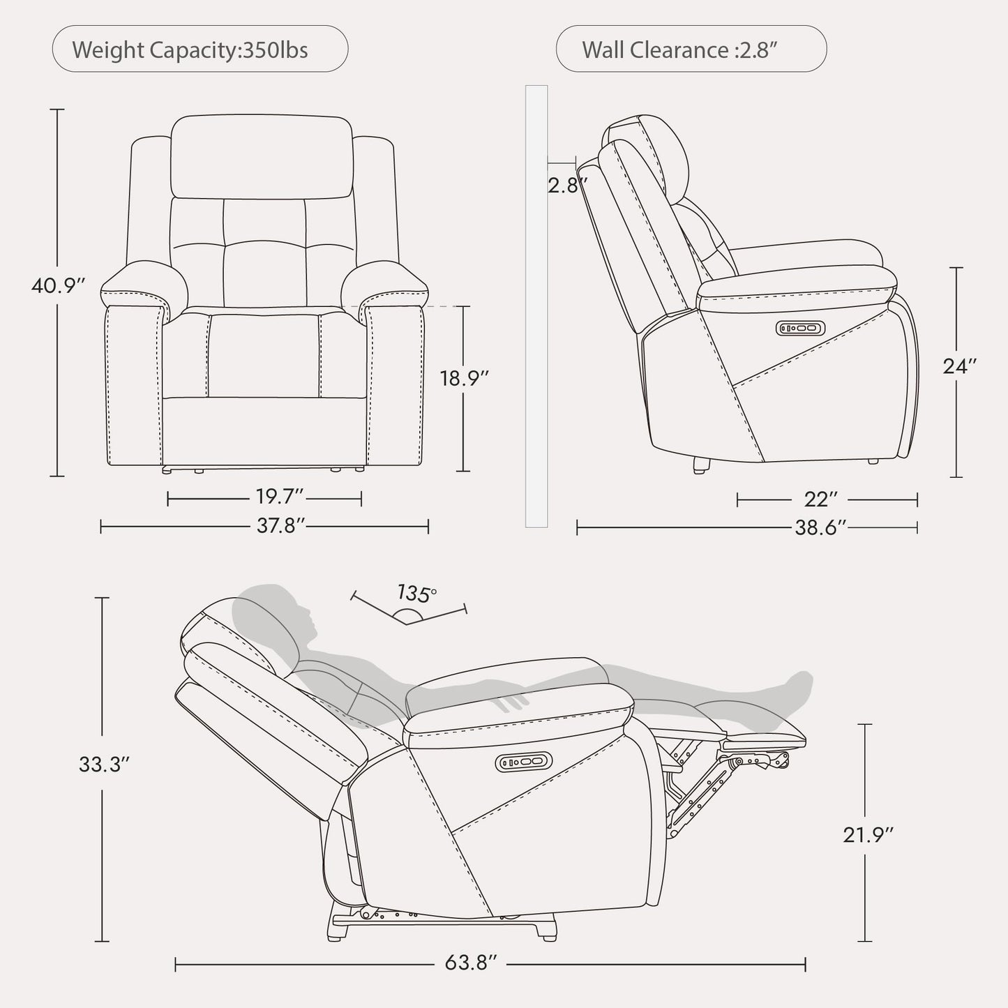 Watson & Whitely Genuine Leather Power Recliner Chair for Adults, Wall Hugger Recliner with Power Headrest, Cup Holders & Charging Ports, Electric Reclining Chairs for Living Room, RV, Grey