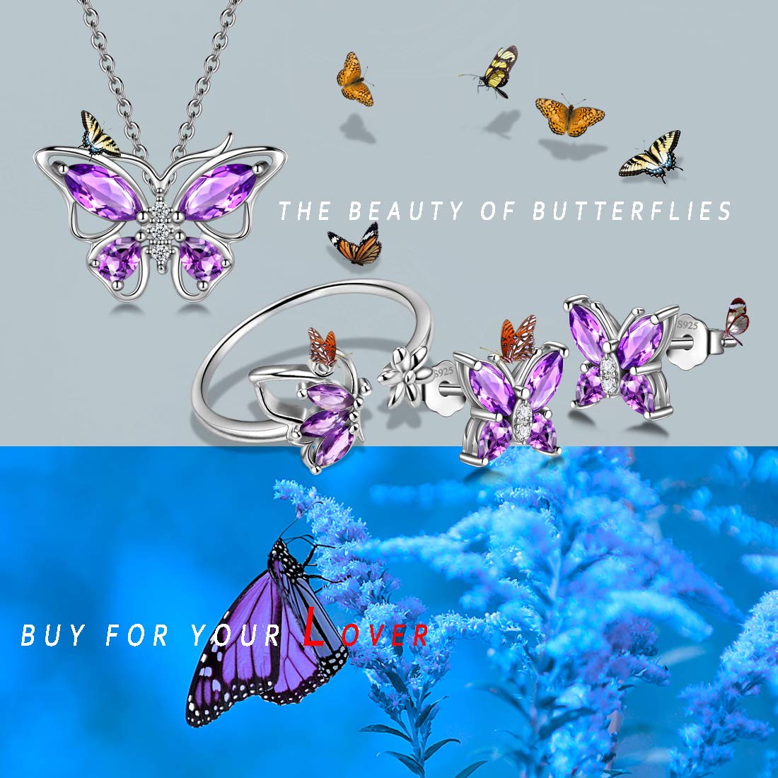 Hipunk Butterfly Purple Jewelry Sets Birthstone Women 925 Sterling Silver Februsry-Amethyst Birth Stone Animal Butterflies Jewelry Sets/Earring/Ring Set Crystal Birthday Jewelry SS0002F