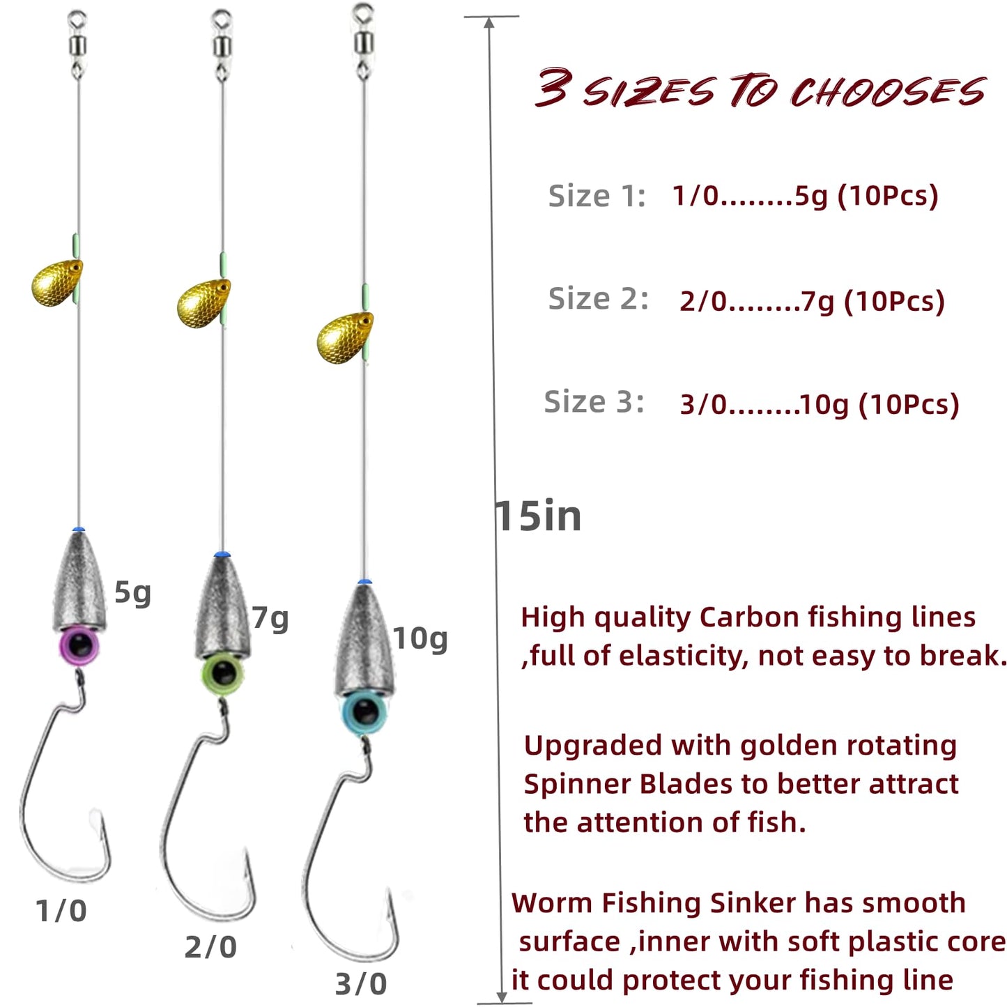 DAMIDEL 10Pcs Fishing Bullet Weights Texas Rigs Ready Kit,Worms, Sinker (10g/7g/5g), Worm Hooks, Carbon line,Spinner Blades，Eye Beads Bait, Fishing Bass Rig Saltwater Freshwater(10g)