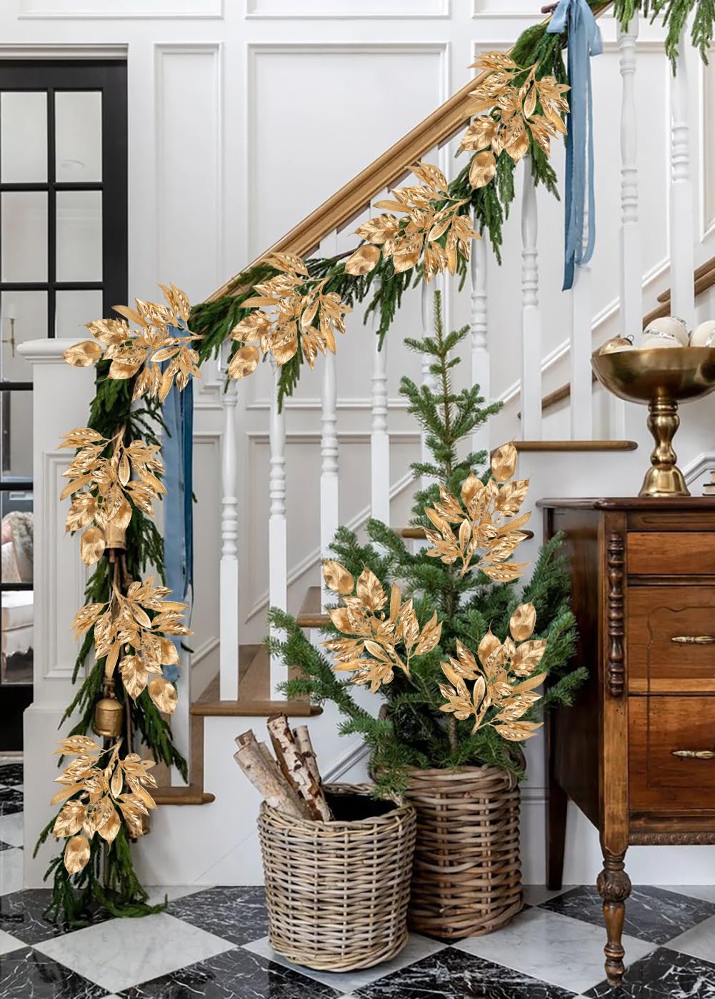 5 Pcs Fake Leaves Plants for Christmas Decor 20 Inch Metallic Gold Artificial Magnolia and Bay Leaves Faux Tropical Leaves with Stems for Holiday Party Decor Christmas Mantle Garland Wreath - Gold