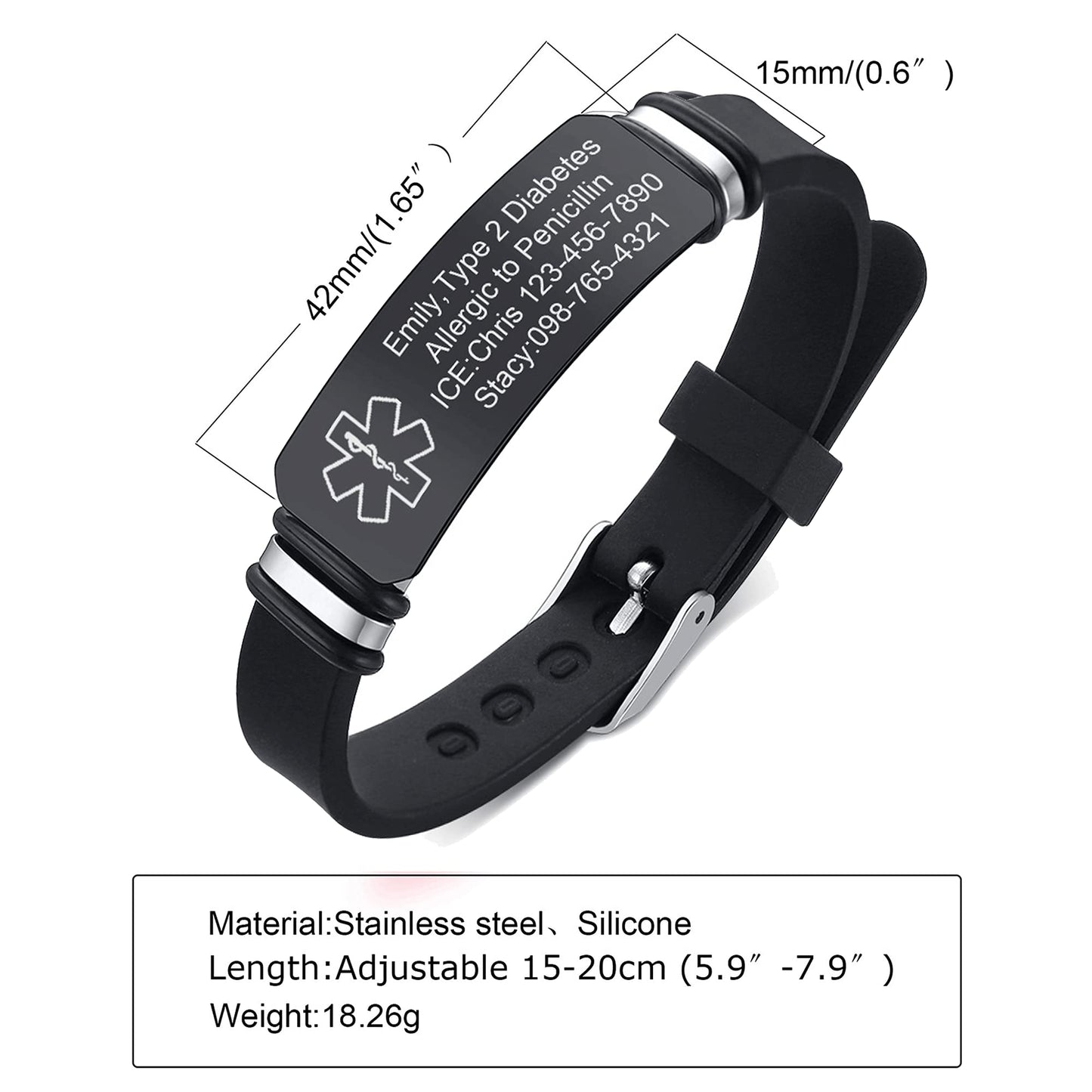 VNOX Black Medical Alert Bracelets for Men & Women with Adjustable Sport Silicone Medical ID Bracelets Wristband