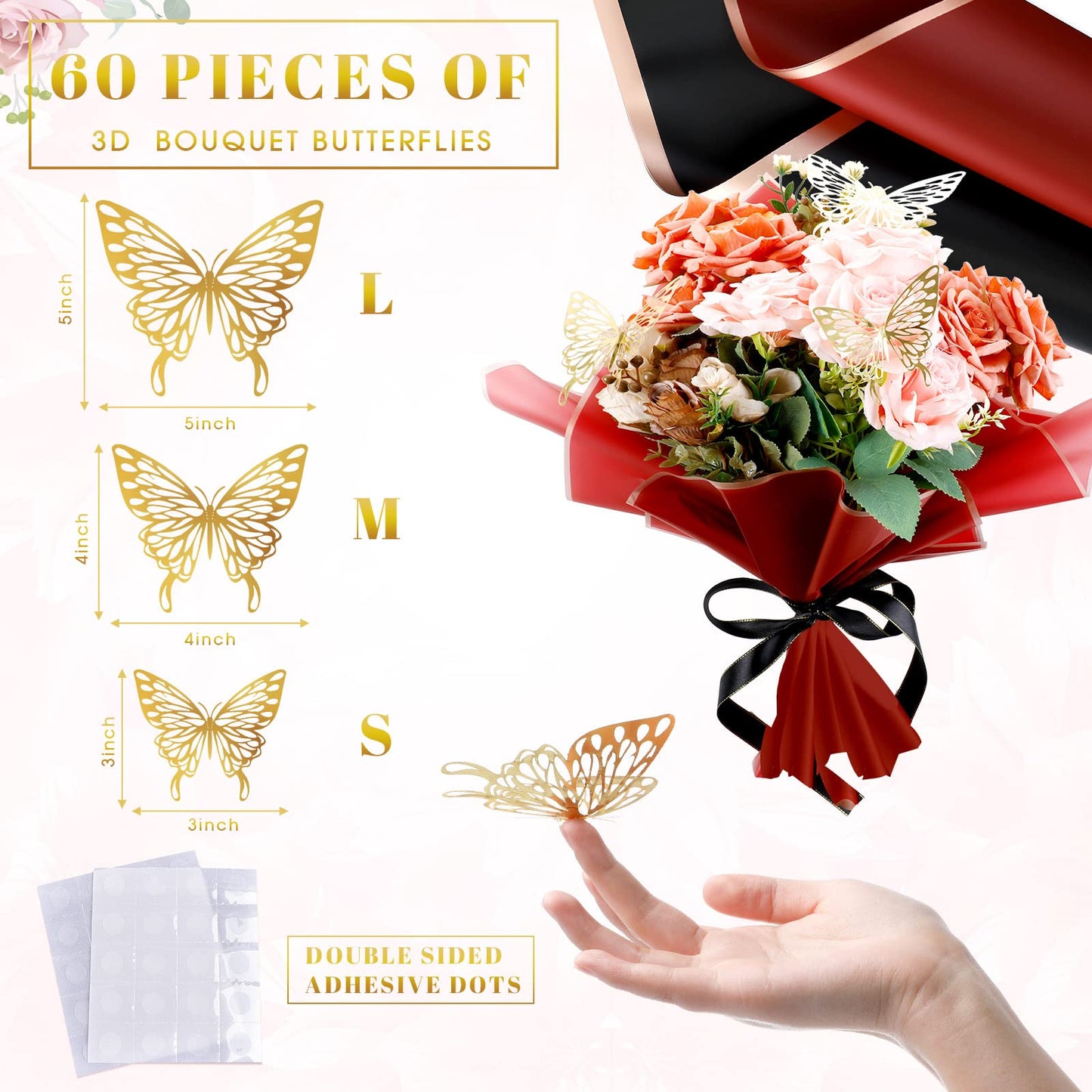 Outus 60 Sheets Flower Bouquet Wrapping Paper Mother's Day Waterproof Floral Wrapping Paper with 60 3D Butterfly 100 Flower Pins 2 Rolls Ribbon Florist Supplies for Wedding(Red, Black, White)
