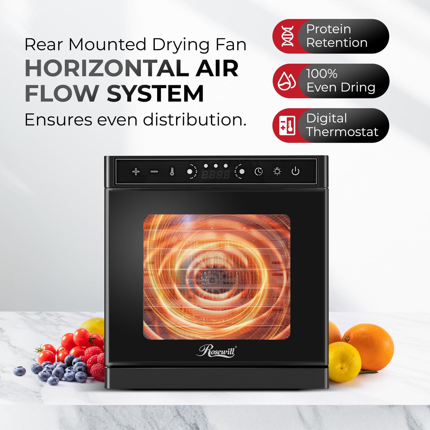 Rosewill Food Dehydrator | Powerful 400W Rear Fan Even-Drying System | 8 Full-Size Stainless Steel Trays | 95°-195° Temperature Control, 48H Timer, Keep Warm + Auto Shutoff | Jerky, Herbs, Meat