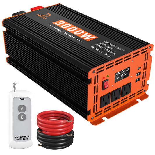 3000W Power Inverter 12V DC to 110V/120V AC Converter for RV/Truck/Boat/Camping/Off-Grid Solar Car Power Inverter Peak Power 6000W with 3 AC Outlets,USB & Type-C Port, Remote Controller & LCD Screen