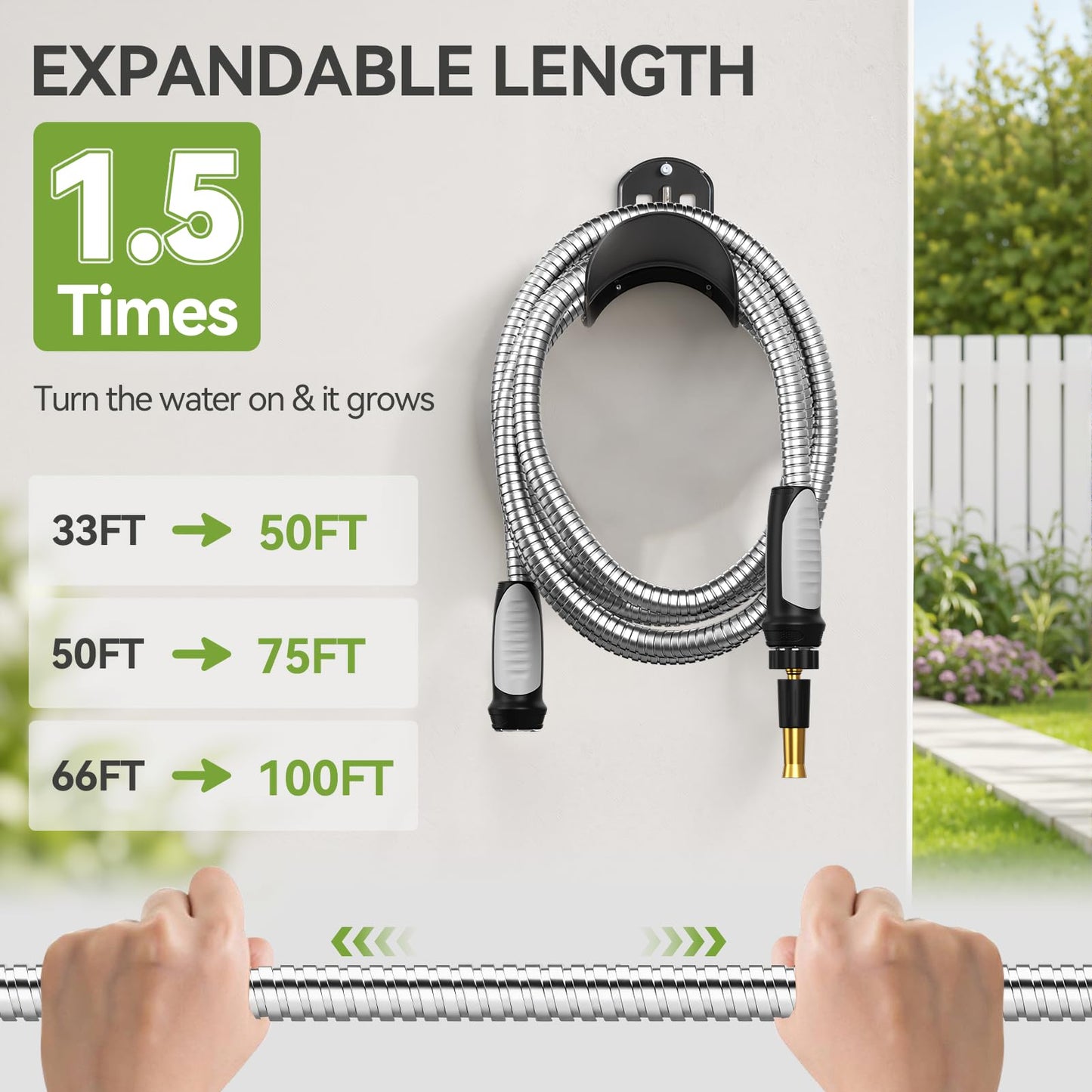 SPECILITE Expandable Garden Hose 100 FT, 304 Stainless Steel Heavy Duty Metal Water Pipe with Adjustable Nozzle - Flexible, Kink Free, Leak-Proof, Lightweight, for Outdoor, Yard, Lawn, Car Washing