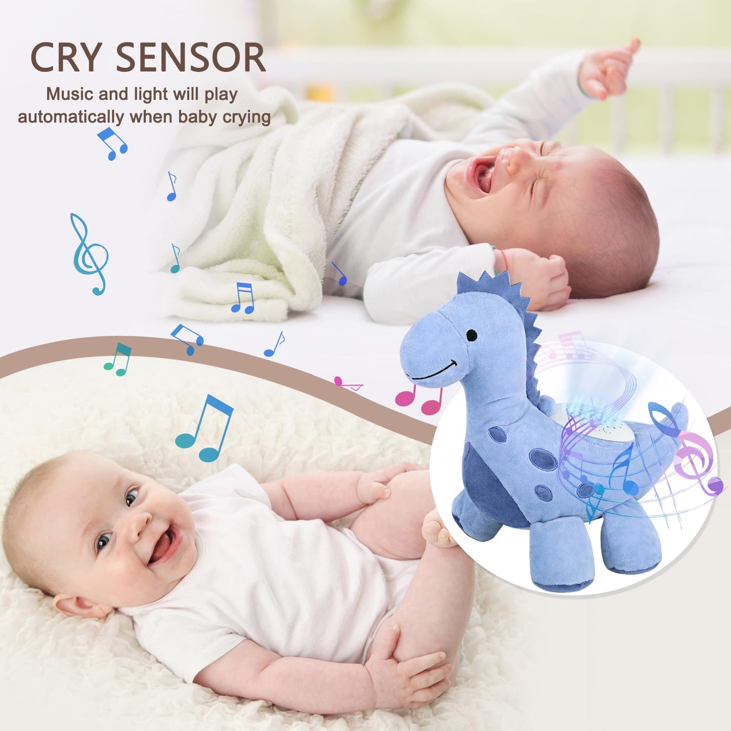 wiqins Baby Sleep Soother Cry Sensor Dinosaur Night Light Projector Baby Sound Machine Plush Stuffed Animal Toys for Boys Girls Pillow Ceiling for Toddler Lullabies & White Noise Sound