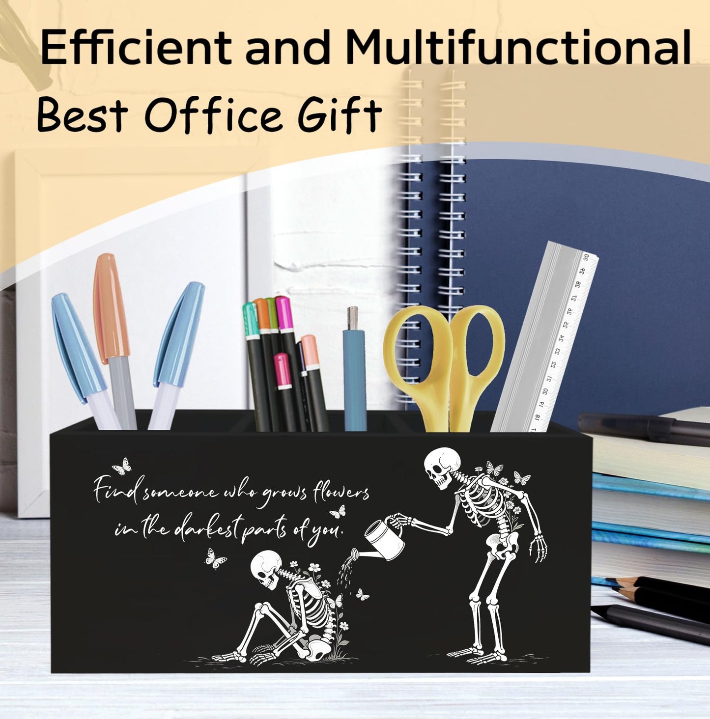 KRHFG Halloween Gothic Skeleton Pen Pencil Holder for Desk, Gothic Gifts for Women, Funny Inspirational Halloween Wood Signs for Home Office Desk Tabletop Decor and Accessories
