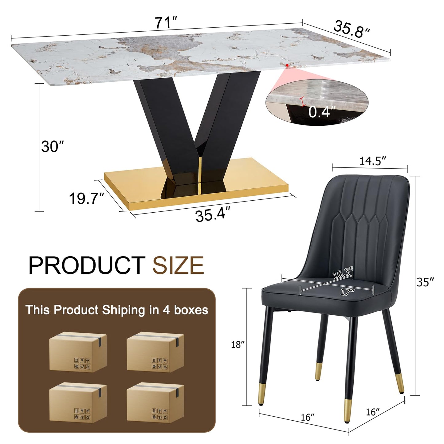 71'' Dining Table Set for 8,Marble Dining Table Set,Modern Kitchen Table with 8 PU Leather Chairs,Gold Dining Room Table Set with V-Shaped Black Glossy Pillars,Ideal for Kitchen Dining Room