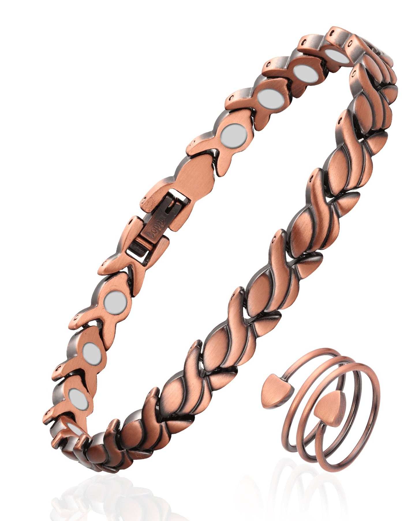 Fashtour 99.99% Pure Copper Magnetic Bracelet and Ring Set for Women, Heart Wire Design Adjustable Jewelry with 3800 Gauss Magnets, Elegant Gift Box (vintage)