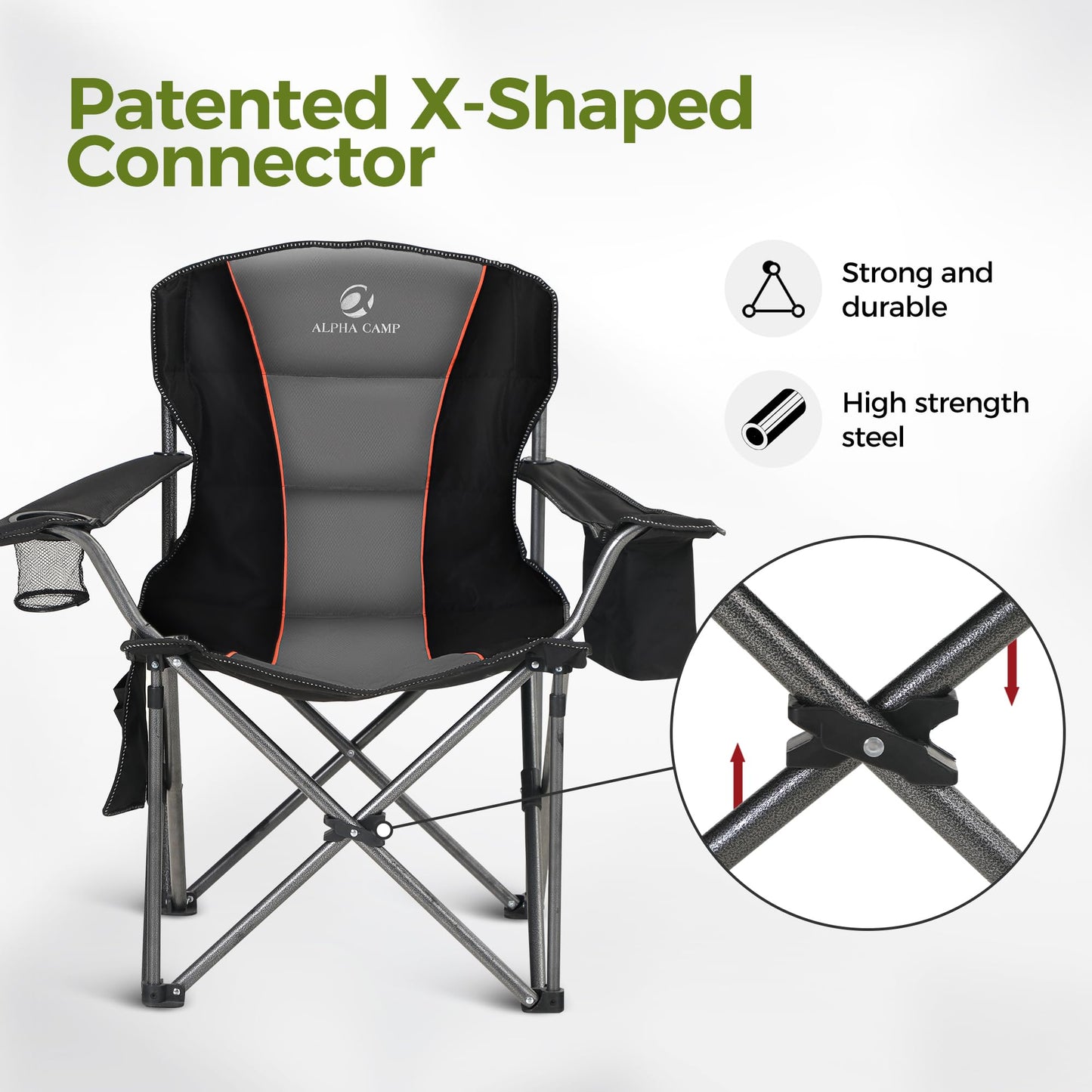 ALPHA CAMP Heavy Duty Camping Chair 500 LBS Capacity, Oversized Folding Chair for Heavy People, Padded Portable Outdoor Chair with Cooler Bag & Cup Holder for Camping, Fishing, Beach,Black,2PC