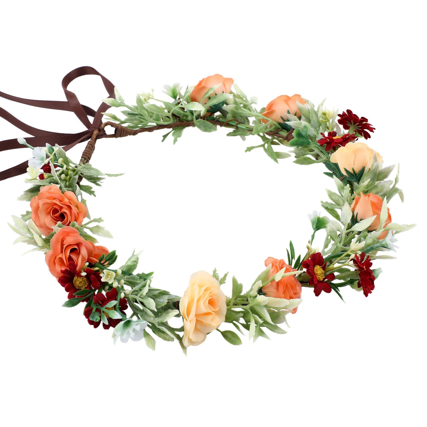 KorViSHOW Floral Crown Women Girls - Orange Boho Floral Headpiece with White Green Leaves Charming Fairy Flower Headband for Wedding Photo Shoot Festivals