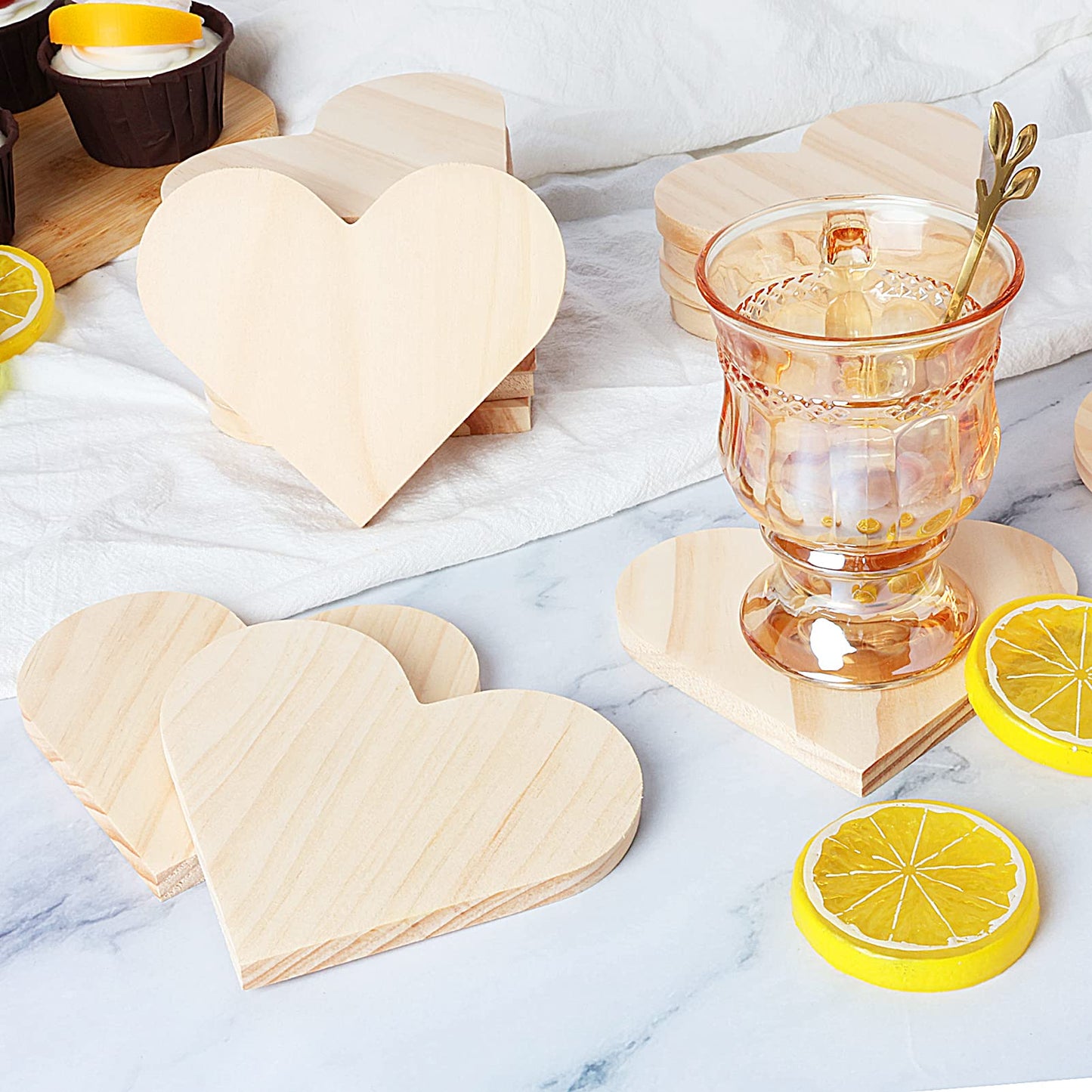 24 Pieces Unfinished Wood Coasters, GOH DODD 4.5 Inch Wooden Slices Blanks Bulk Set with Foot Pads for DIY Crafts Laser Engraving Wood Burning Staining Painting Decoupage Valentine's Day, Heart