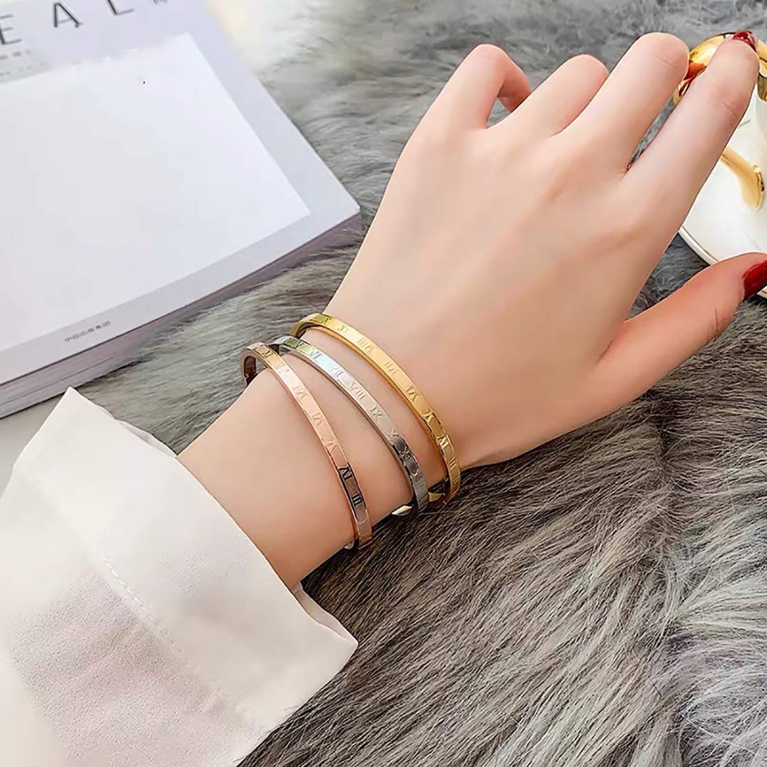 Jarlinwel Gold Silver Plated Bracelets for Men Women Roman Numeral Bangle Bracelet Stainless Steel Personalized Engraved Unisex Gift (Silver 4mm Womens)