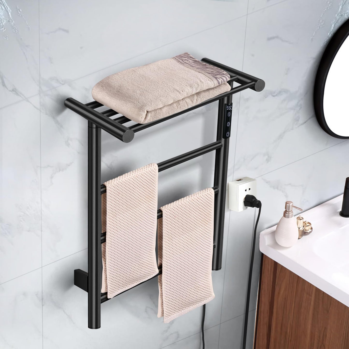 Towel Warmer Wall Mounted with 3 Electric Stainless Steel Heated Bars, Hot Towel Rack for Bathroom, Plug-in BathTowel Heater with Built-in Timer, Matte Black