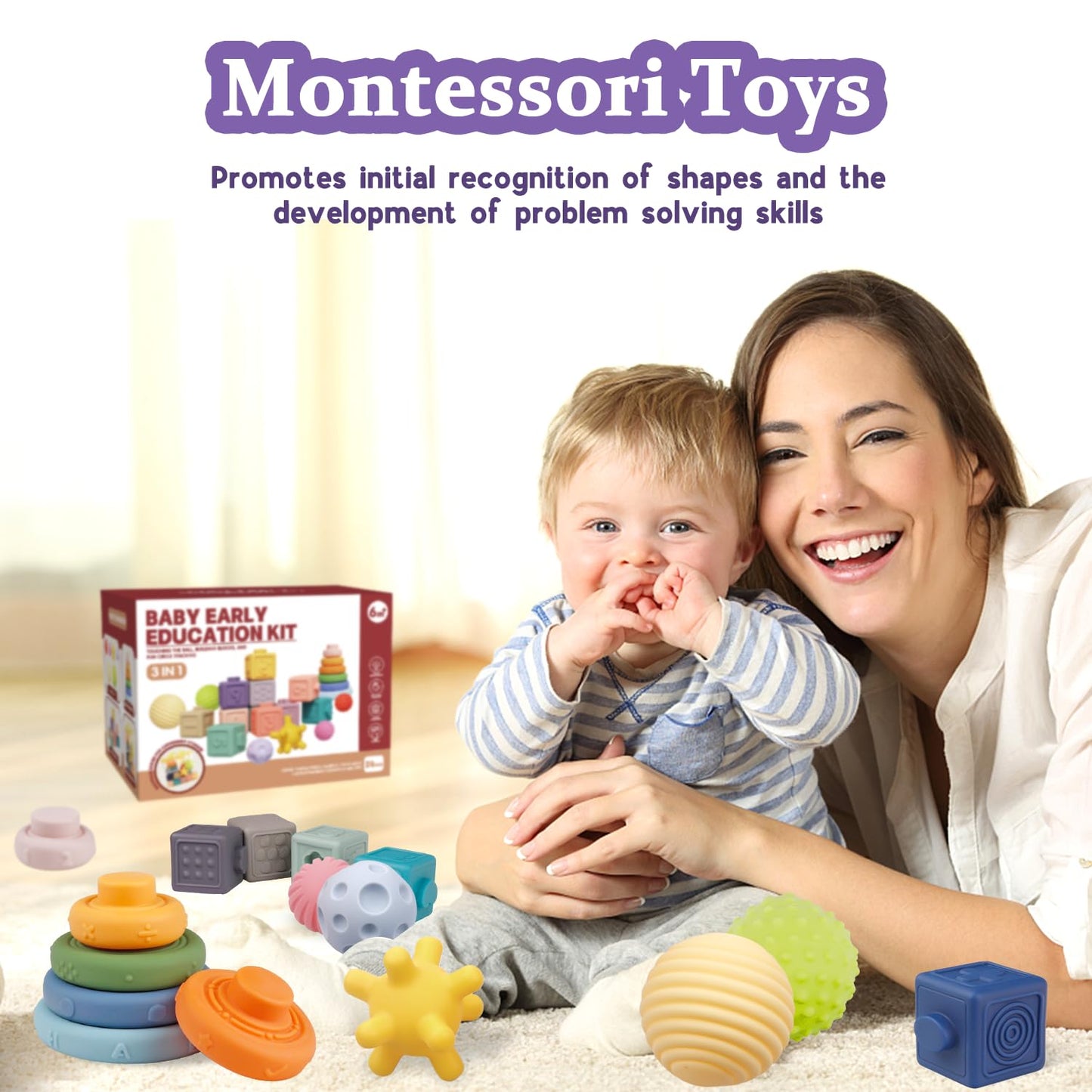Montessori Baby Toys - Soft Baby Blocks, Stacking Rings & Sensory Balls, 24Pcs 3-in-1 Teething Toys Set for Babies 6-12 Months, Building Blocks Easter Birthday for Boys Girls