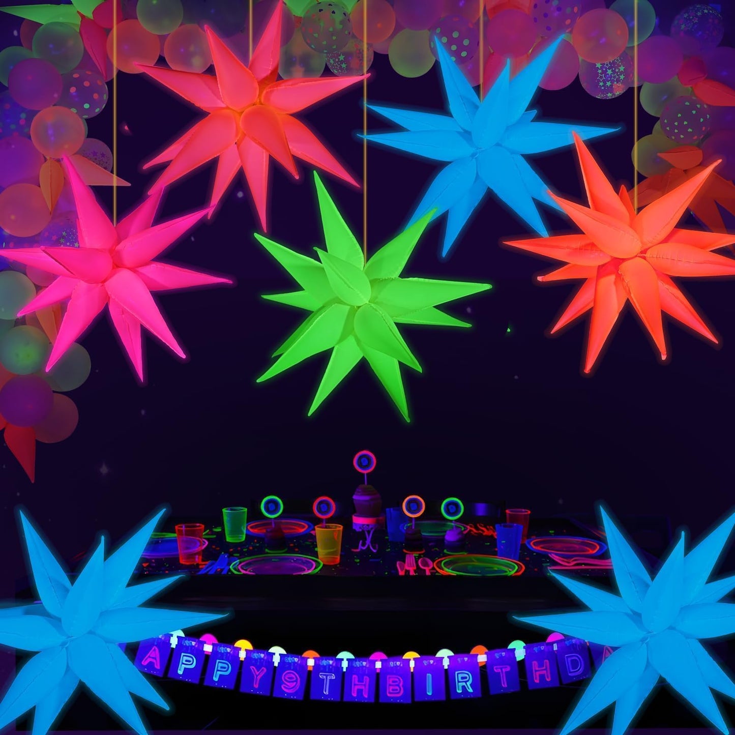 Mega-L Glow in The Dark Party Supplies, 5 Pcs Neon Explosion Star Balloons Kit, Neon Party Decorations, DIY Neon Balloon with 12 point Cone Balloons for Birthday Wedding Graduation