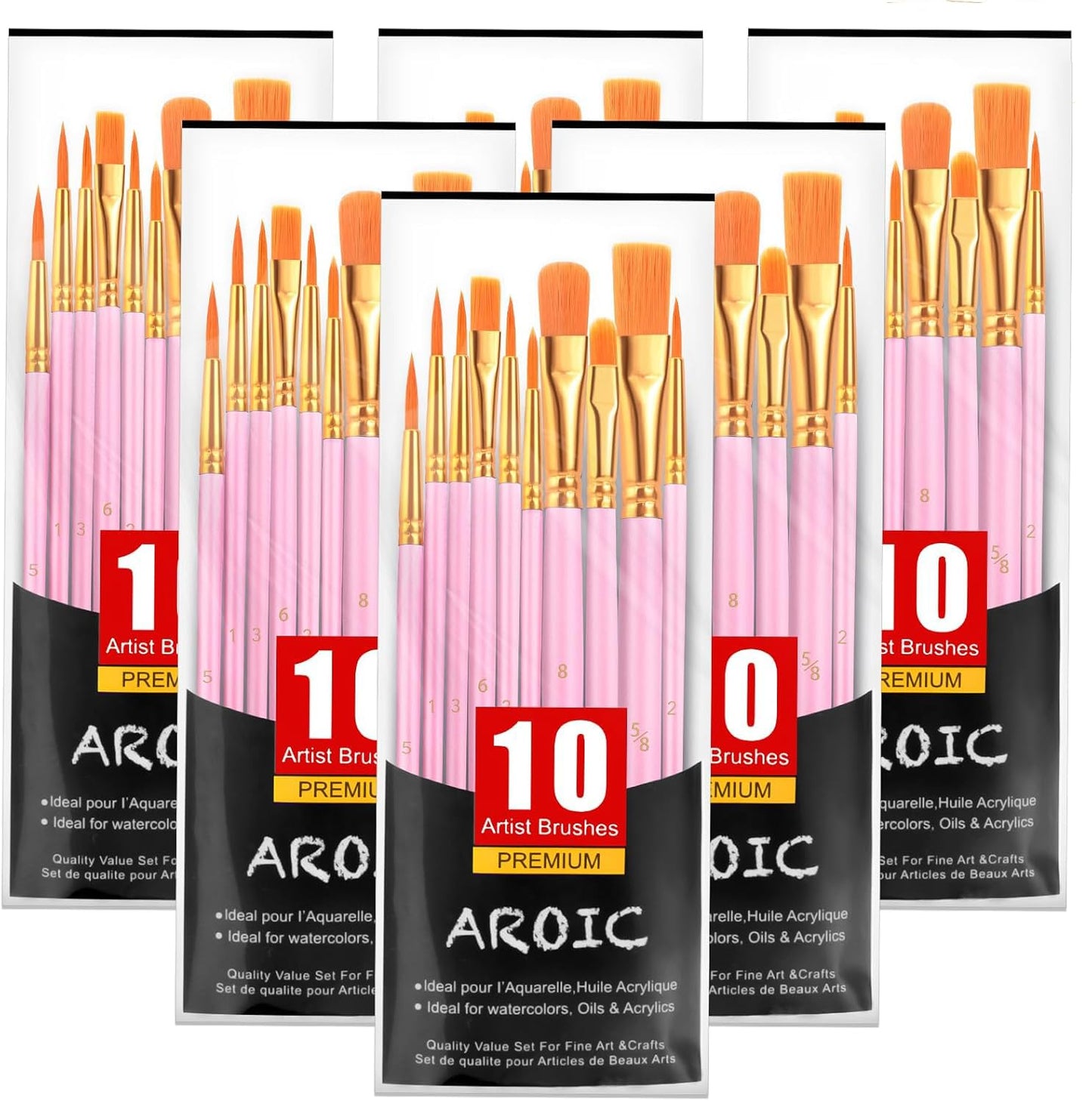 AROIC Acrylic Paint Brushes, 6 Packs/60 pcs Nylon Hair Paint Brush Set for All Purpose Oil Watercolor Painting Artist Professional Kits (Pink)