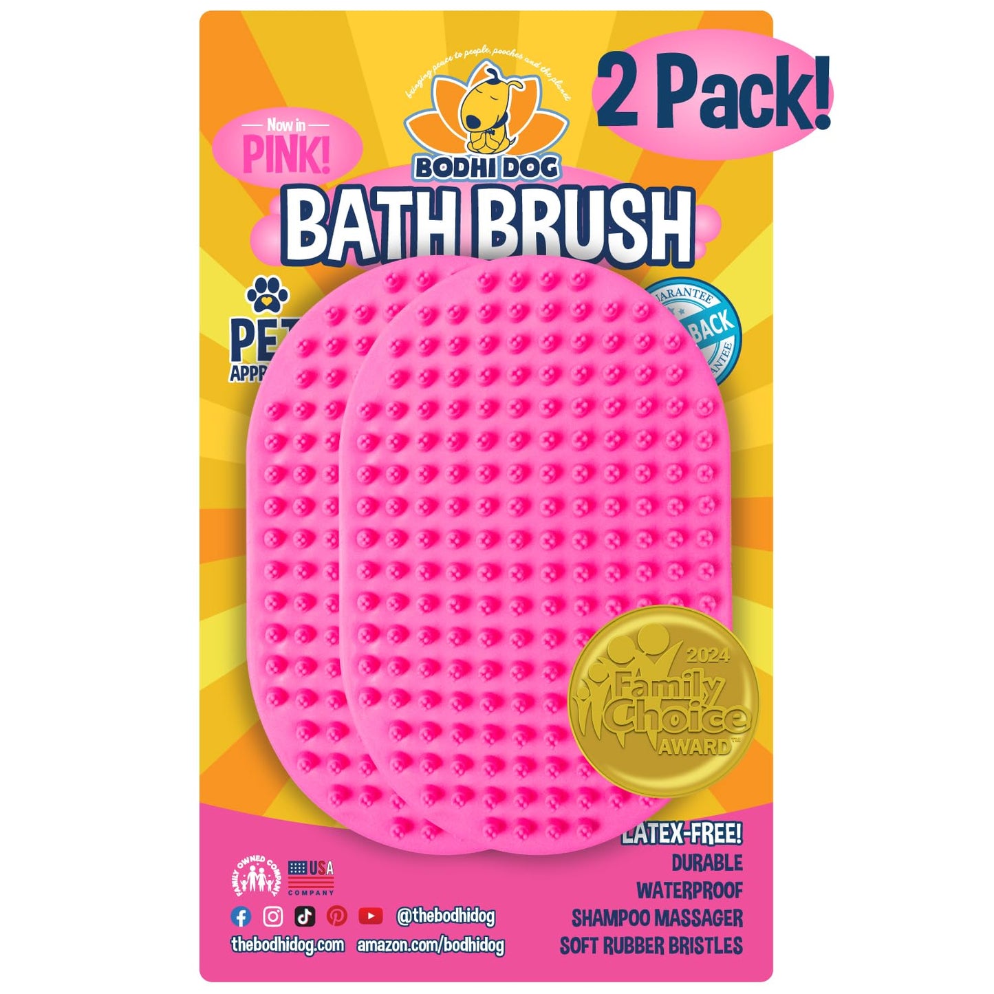 Bodhi Dog Shampoo Brush - Pet Grooming & Bath Supplies for Dogs and Cats - Bath Brush for Long & Short Hair - Premium Scrubber for Shower, Bathing & Massage (Two Pack, Pink)