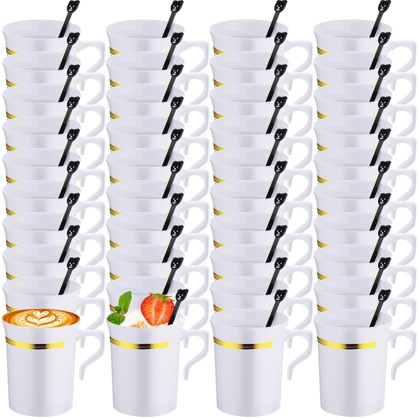 Bokon 200 Pcs Plastic Tea Cups Bulk with Handle and Spoon, 8 oz Reusable Teacups with Gold Rim, White Coffee Mugs for Bridal Shower, Wedding, Princess Tea Party Supplies (Gold Rim)