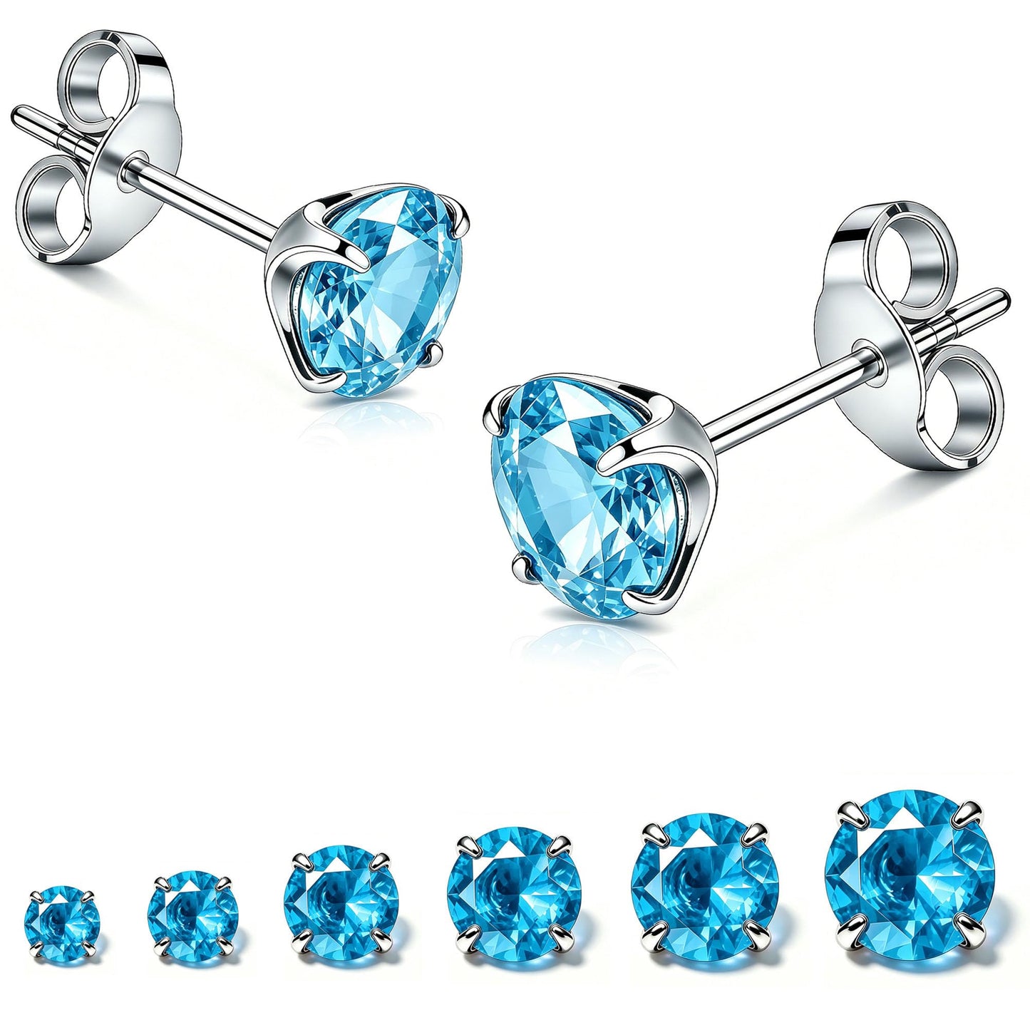 LNIEER 6 Pairs Surgical Steel Stud Earrings for Women, Hypoallergenic Fashion Earring Set, Premium Cubic Zirconia Studs Earrings 3-8mm (Sea blue CZ)