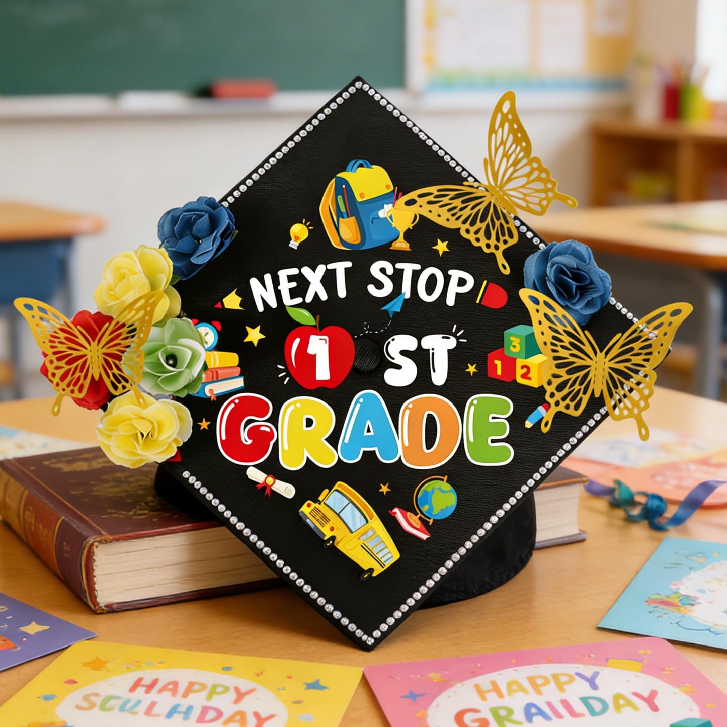 cosmisun Kindergarten Graduation Cap Decorations - 28 Pcs DIY Grad Cap Decorations Kit, Faux Flowers 3D Butterfly Rhinestones Pearl Stickers for Hat Topper Crafts Gift, 2026 Graduation Party Supplies