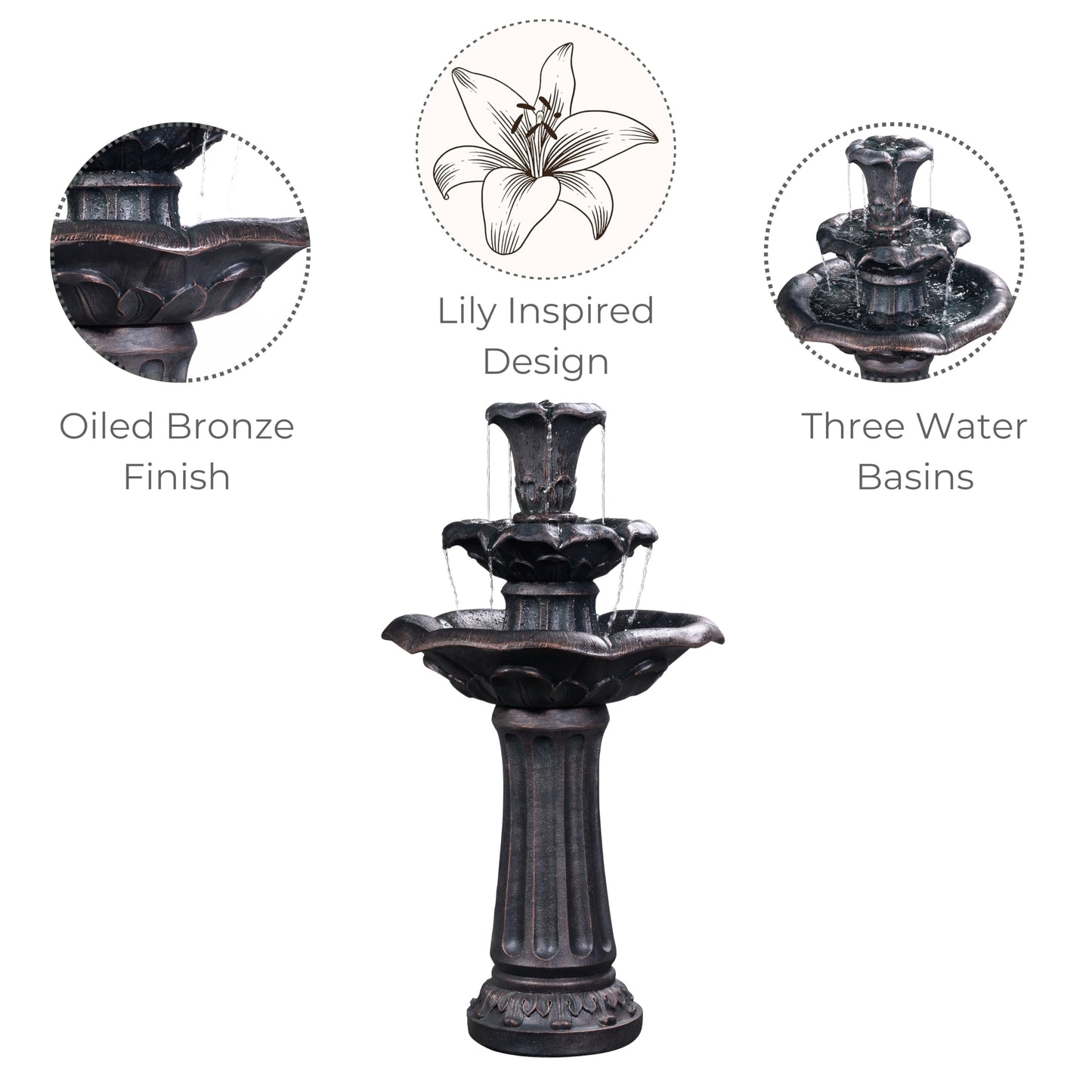 Teamson Home Lily Flower Floor Pedestal 3 Tiered Floor Waterfall Fountain with Pump for Outdoor Patio Garden Backyard Decking, 38 Inch Height, Dark Gray