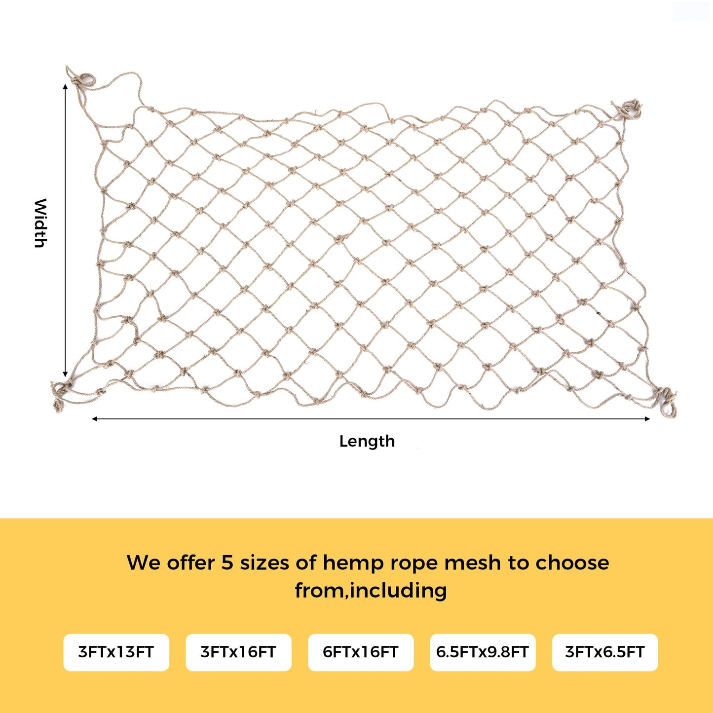 Jute Hemp Rope Net,Heavy Duty Natural Safety Rope Netting Balcony Stairs Fence Garden Playground Protection Net Indoor & Outdoor Decoration Rope Netting (6.5FT*16FT)