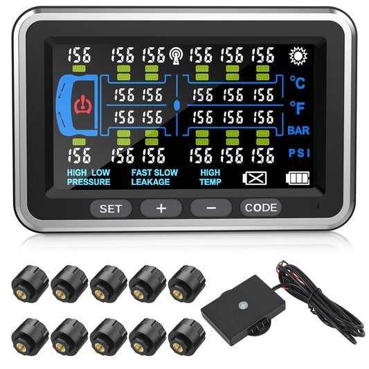 Tyona tire Pressure Monitoring System tpms (0-199PSI) 4.5-inch Screen 10 Sensors TP10 Trailer/RV Truck TPMS Color Display 6 Alert Modes,with Signal Booster tpms for Truck (10 Sensors)