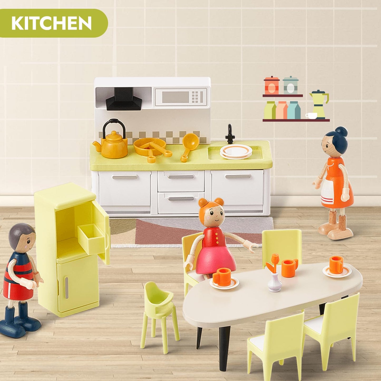 Giant bean 85pcs Wooden Plastic Dollhouse Furniture Set for 6 Rooms, Modern Dollhouse Accessories Pretend Play Furniture Toys for Boys Girls Toddlers & Kids 3 4 5 6 7 Years and up
