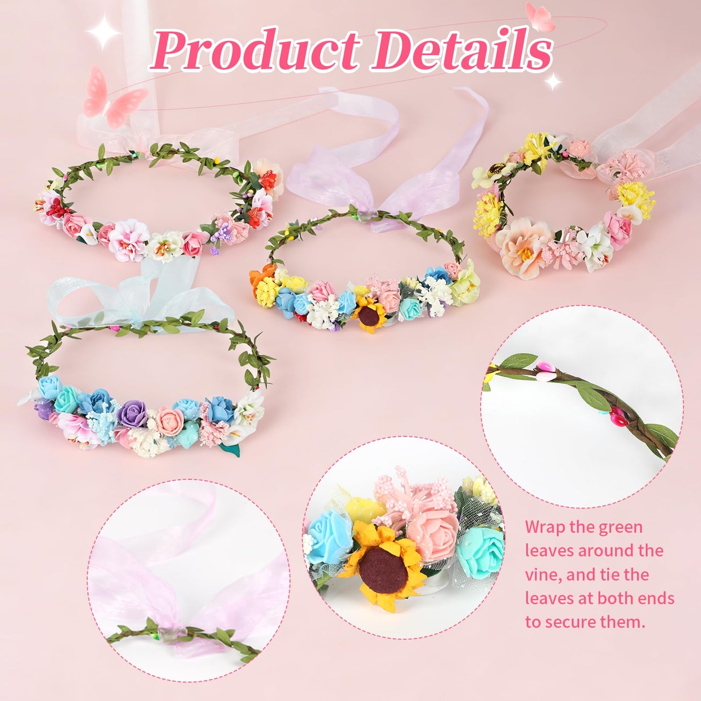 25 Sets DIY Flower Crowns Making Kit, 263 Pcs 10 Different Flowers, Make Your Own Flower Crown Headband Making Kit, Can Make 20 Flower Wreaths and 5 Bracelets for Women Birthday Party Gifts Decor