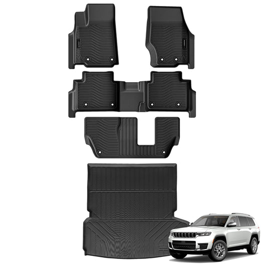 Auxko All Weather Floor Mats & Cargo Mat & Backrest Mat Fit for Jeep Grand Cherokee L 7 Seat (2nd Row Bench Seat) 2026 2025-2021 Liner Trunk Mat Accessories Odorless Black