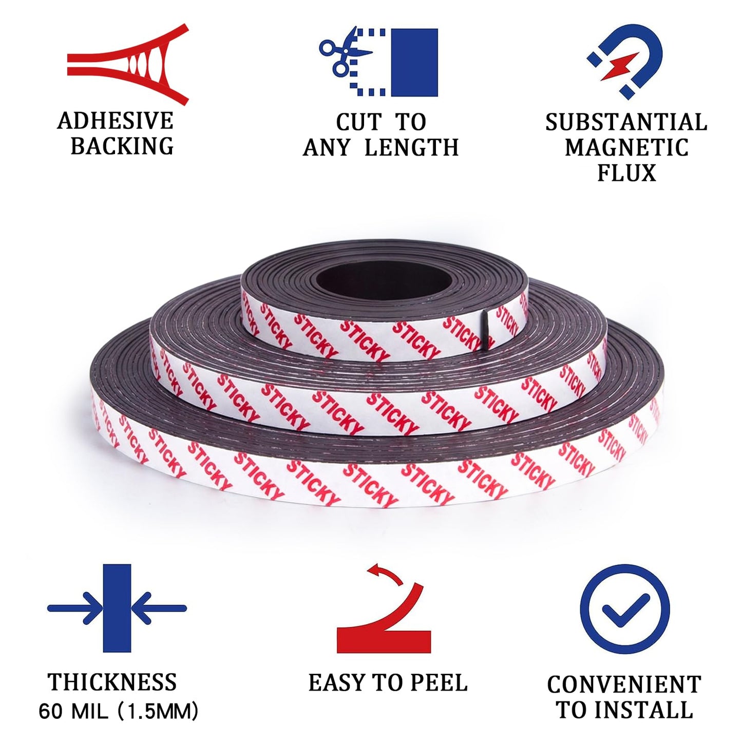 Towjug Magnetic Tape Roll 40 Feet with Self Adhesive Backing, Flexible Sticky Magnet Strips for Lightweight Craft DIY Projects, Whiteboards and Fridge Organization (0.5" Wide x 0.06" Thick)
