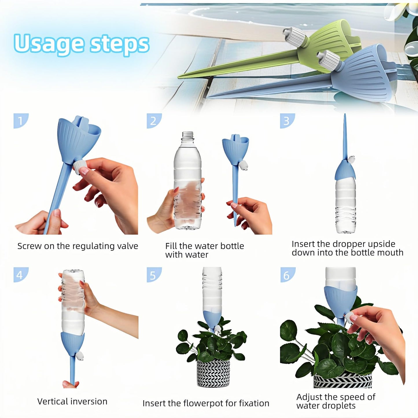 Self-Watering Spikes for Plants, Adjustable Dripping Irrigation Stakes with Valve, Automatic Watering System for Indoor & Outdoor Potted Plants, Universal Fit 28-30mm Bottles (2 Pack)