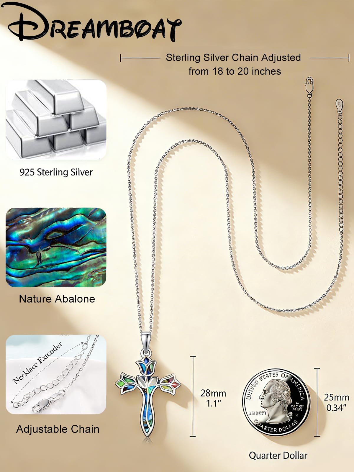 Dreamboat Abalone Flower Cross Necklace for Women 925 Sterling Silver Cross Pendant Tulip Necklace Abalone Jewelry Christianity Religious Confirmation Baptism Gifts for Women
