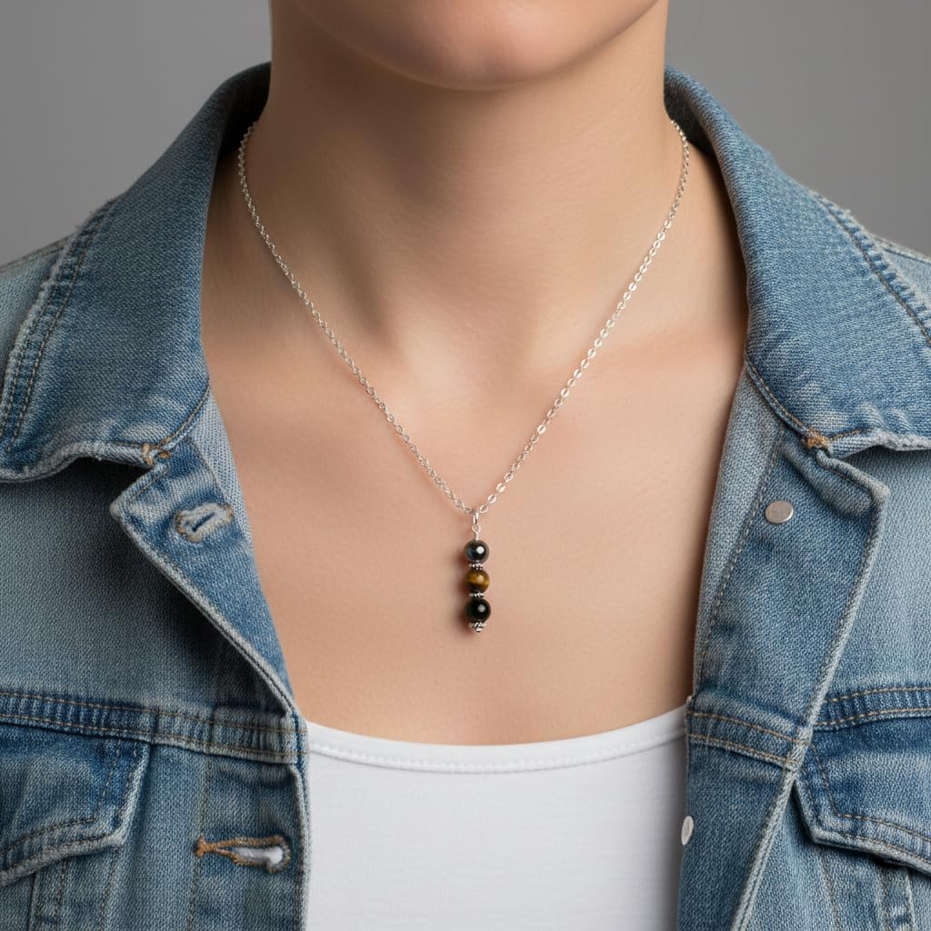 EnCharmed Antique Silver Triple Protection Necklace, Handmade Healing Jewelry for Luck Prosperity Happiness, Natural Hematite Tiger Eye and Black Obsidian Pendant, Spiritual Gift for Men or Women